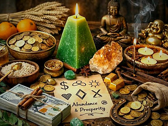 Altar de prosperidad y abundancia con velas, monedas y dinero